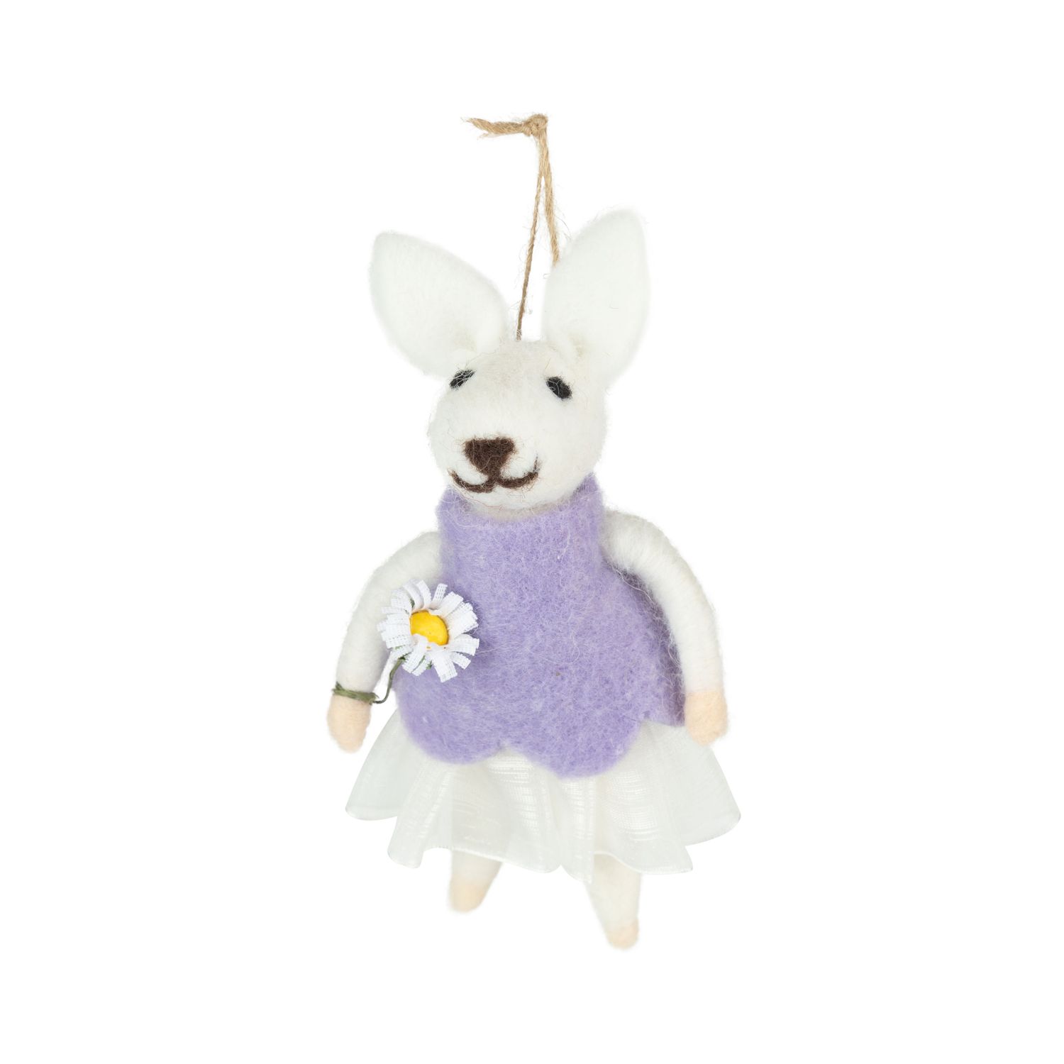 SHIP FEB 1/26 White felt mouse, purple dress, holding flower ornament, 4.5 in