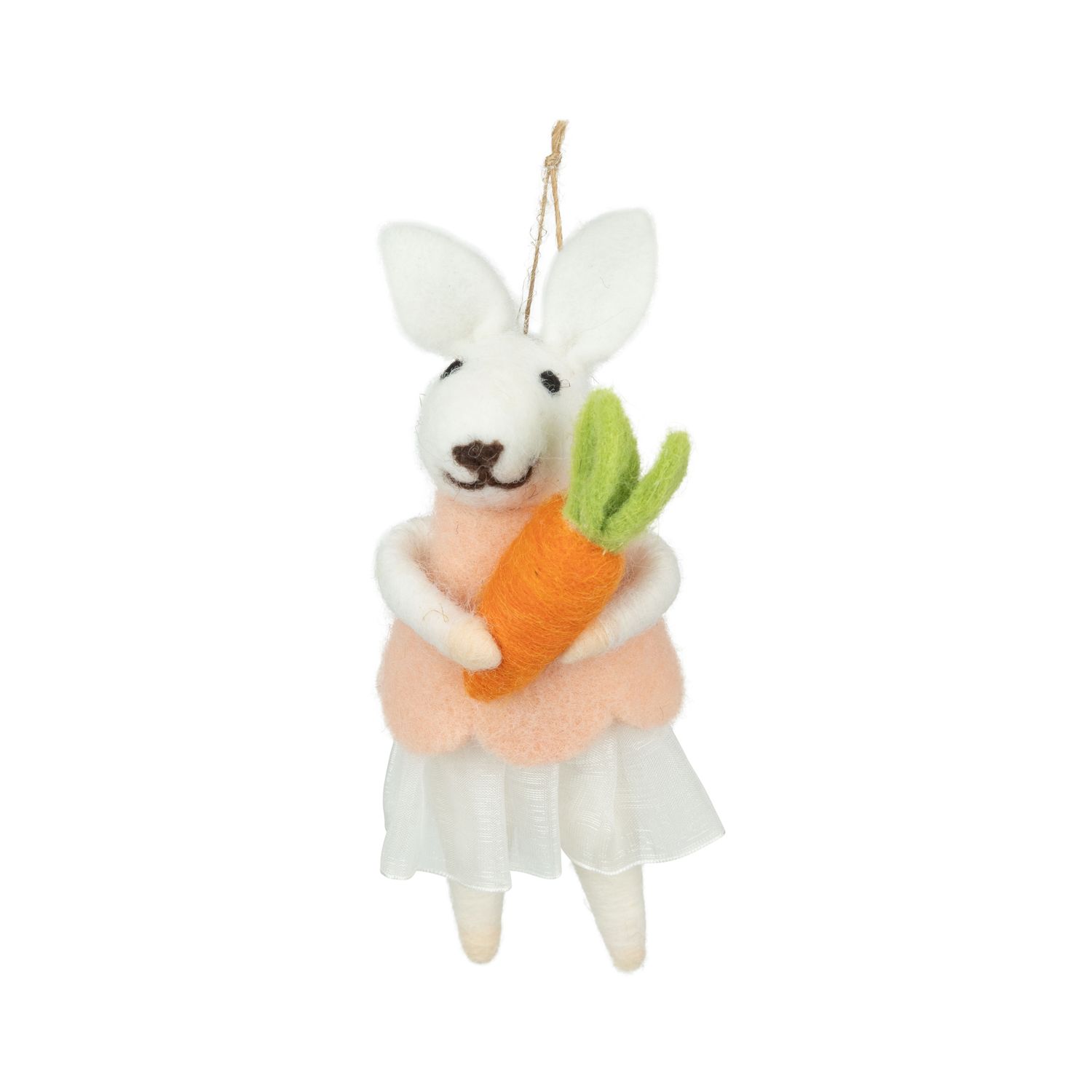 SHIP FEB 1/26 White felt bunny, pink dress, holding carrot ornament, 6 in