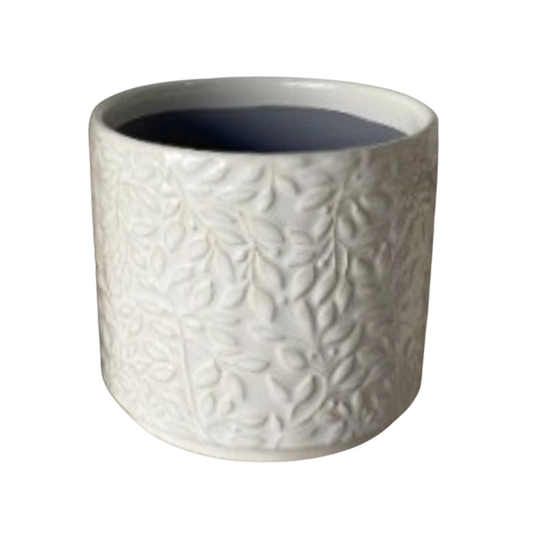 SHIP FEB 1/26 Embossed vine pattern, ceramic pot cover, off white, 5.5 in