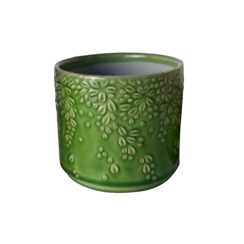 SHIP FEB 1/26 Embossed floral cluster motif ceramic pot cover, green,  4.5 in