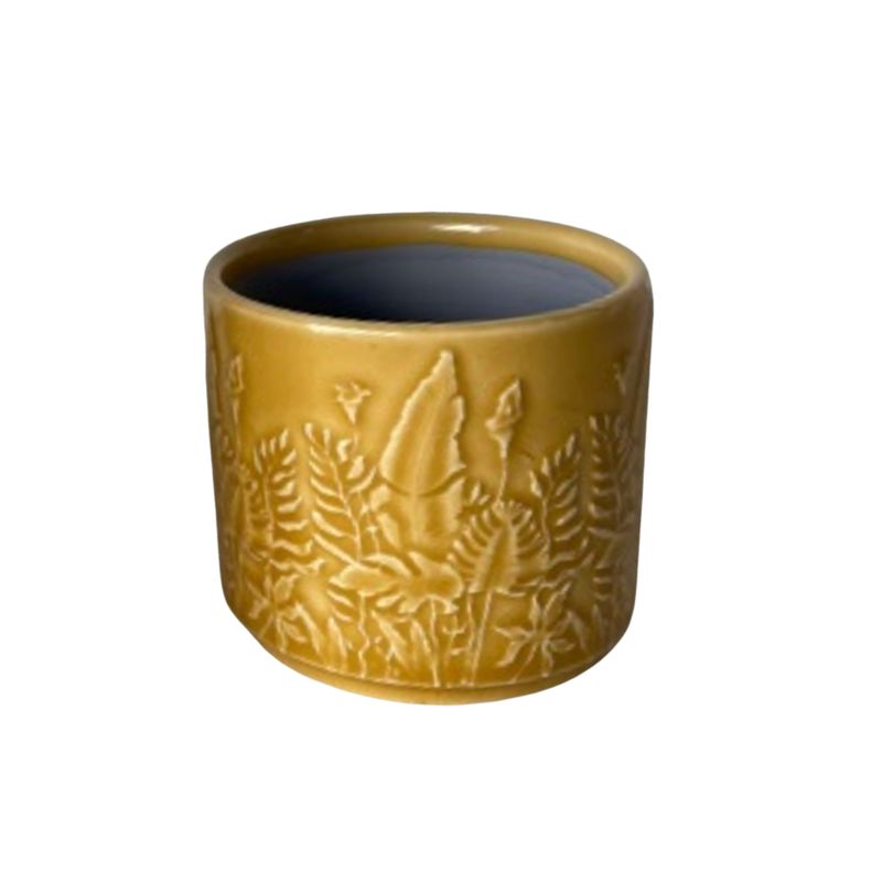 SHIP FEB 1/26 Embossed botanical motif, ceramic pot cover, mustard gold, 3 in