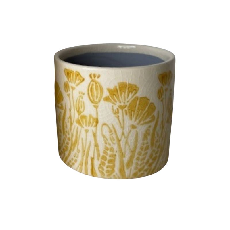 SHIP FEB 1/26 Embossed floral pattern ceramic pot cover, yellow water colour on off white, 4.5 in