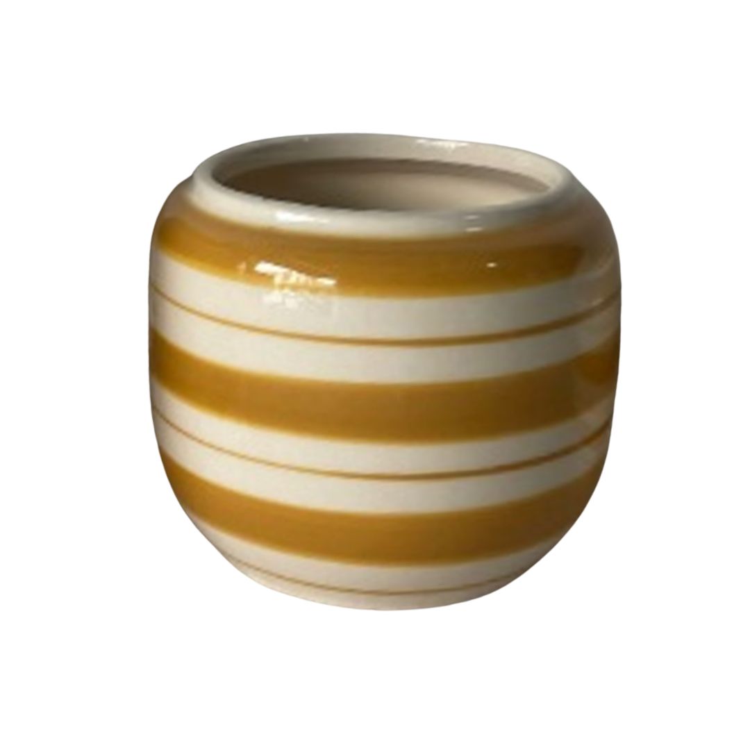 SHIP FEB 1/26 Hand painted urn shape glazed ceramic pot cover, yellow and off white, 4 in 