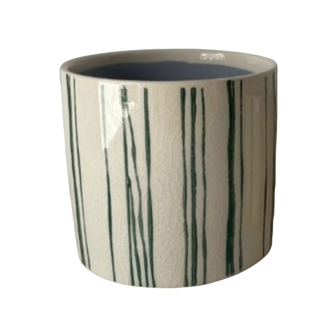 SHIP FEB 1/26 Hand painted, glazed ceramic pot cover, green vertical line pattern on off white, 5.5 in