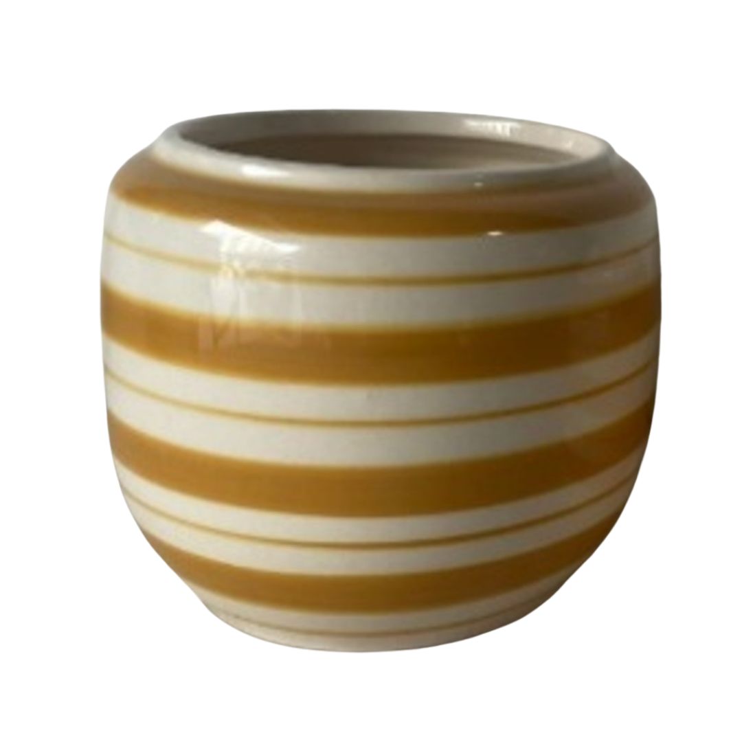 SHIP FEB 1/26 Hand painted urn shape glazed ceramic pot cover, yellow and off white, 5.5 in