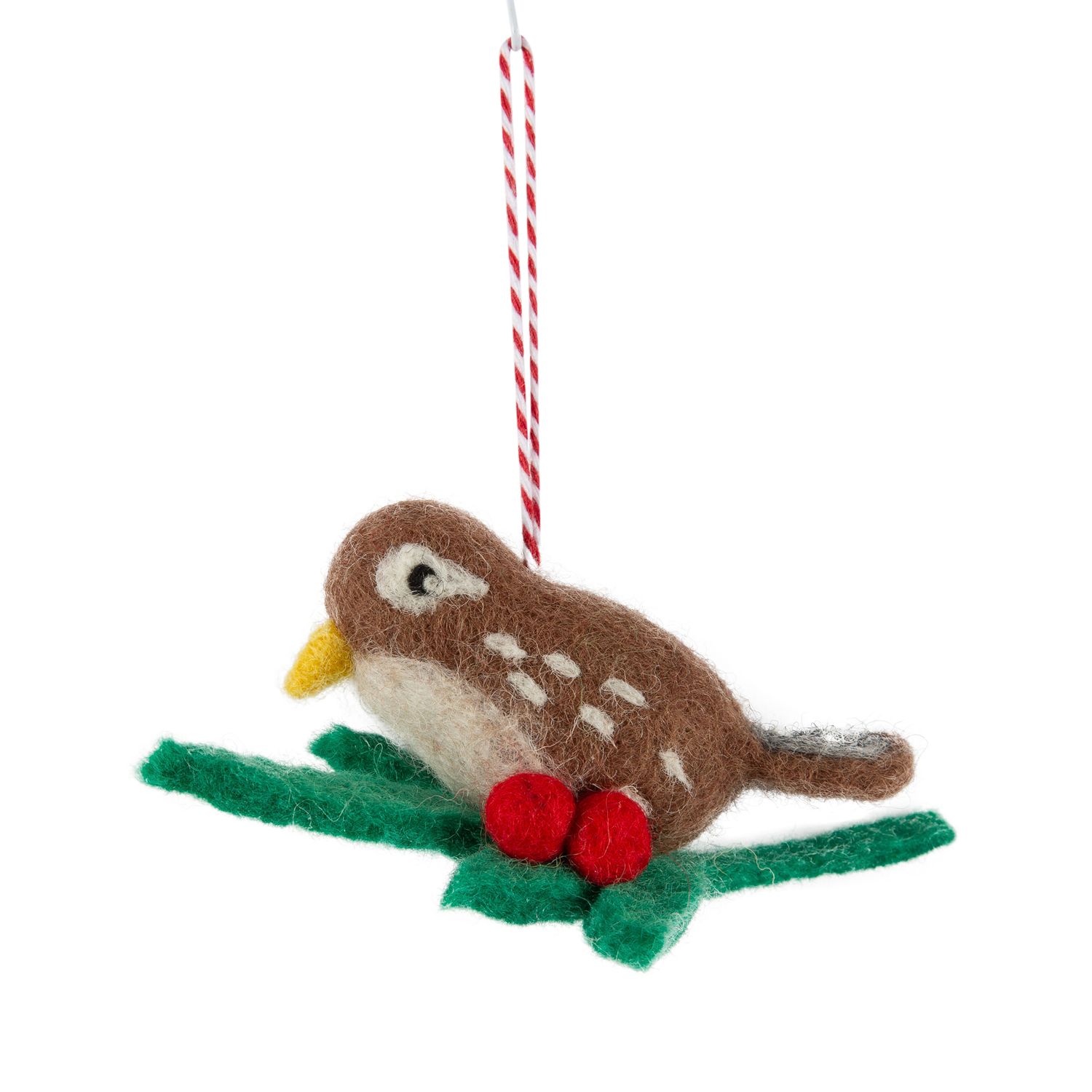 Felt bird ornament, light brown with white spots on red berries and green leaves, 2.5 in  12      