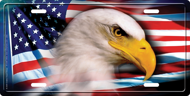 Vanity Decorative Front License Plate Tag in Aluminum Metal with a National Patriotic Symbol Beautiful American Flag and Bald Eagle. Designed for durability, easy installation, and versatile use.