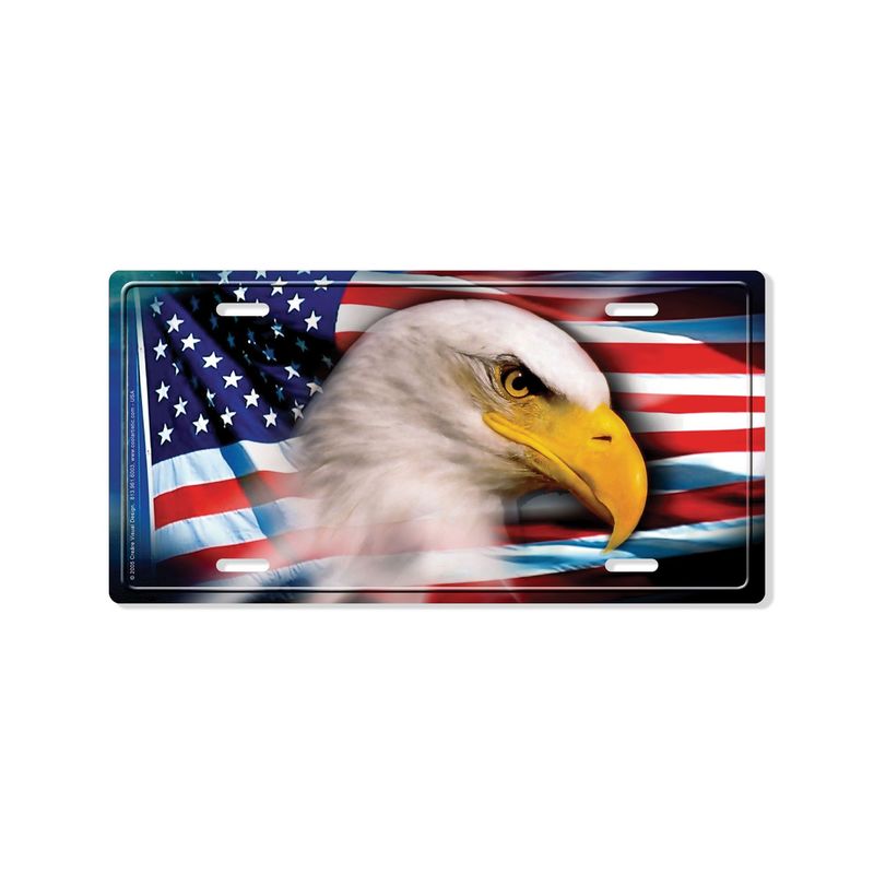 Vanity Decorative Front License Plate Tag in Aluminum Metal with a National Patriotic Symbol Beautiful American Flag and Bald Eagle. Designed for durability, easy installation, and versatile use.
