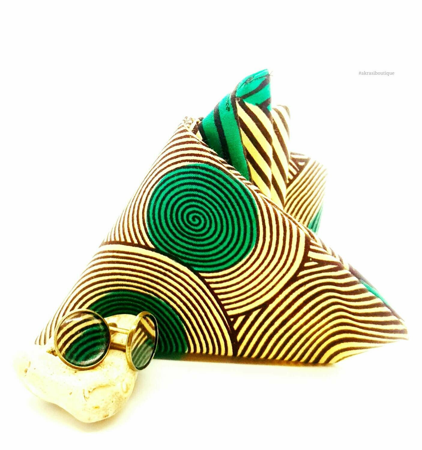African print cream, green and brown pocket square with bronze cufflinks | men's accessories | Ankara pocket square