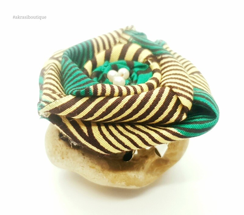 African wax green, cream and brown rose flower with pearl centre | flower pin | flower hair clip | flower brooch | clothing accessories