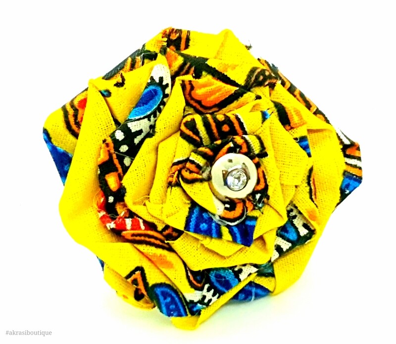 Dashiki fabric rose flower with gemstone button centre | flower pin | flower hair clip | flower brooch | clothing accessories