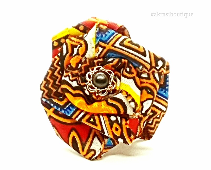 African wax print fabric rose with vintage button centre flower pin | flower hair clip | flower brooch |