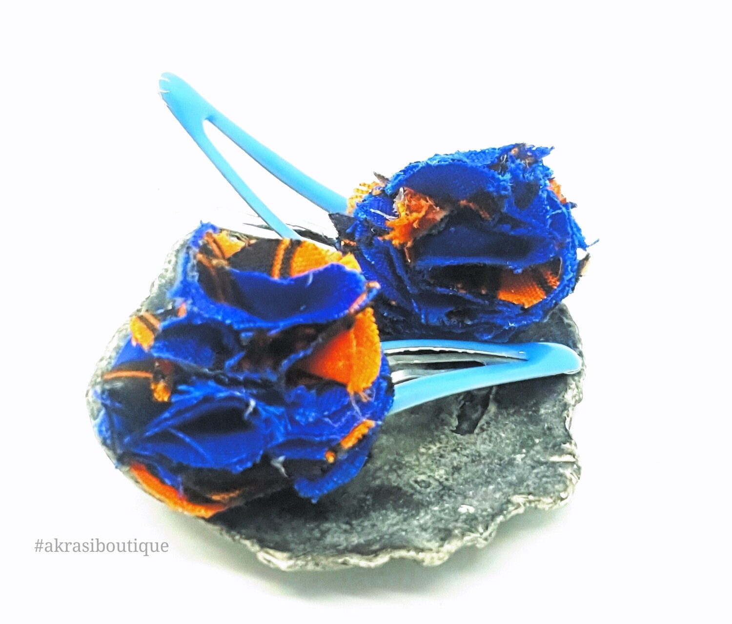 African wax print ruffle flower snap clips | Blue and orange Ankara hair clip | hair accessories