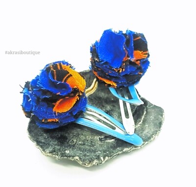African wax print ruffle flower snap clips | Blue and orange Ankara hair clip | hair accessories