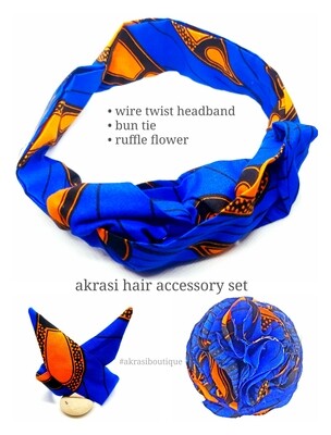 African print blue and orange hair accessory set includes wire hair tie, wire bun tie and flower brooch | hair clip