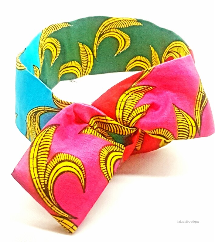 African print blue, pink and yellow hair accessory set includes wire hair tie, wire bun tie and flower brooch | hair clip