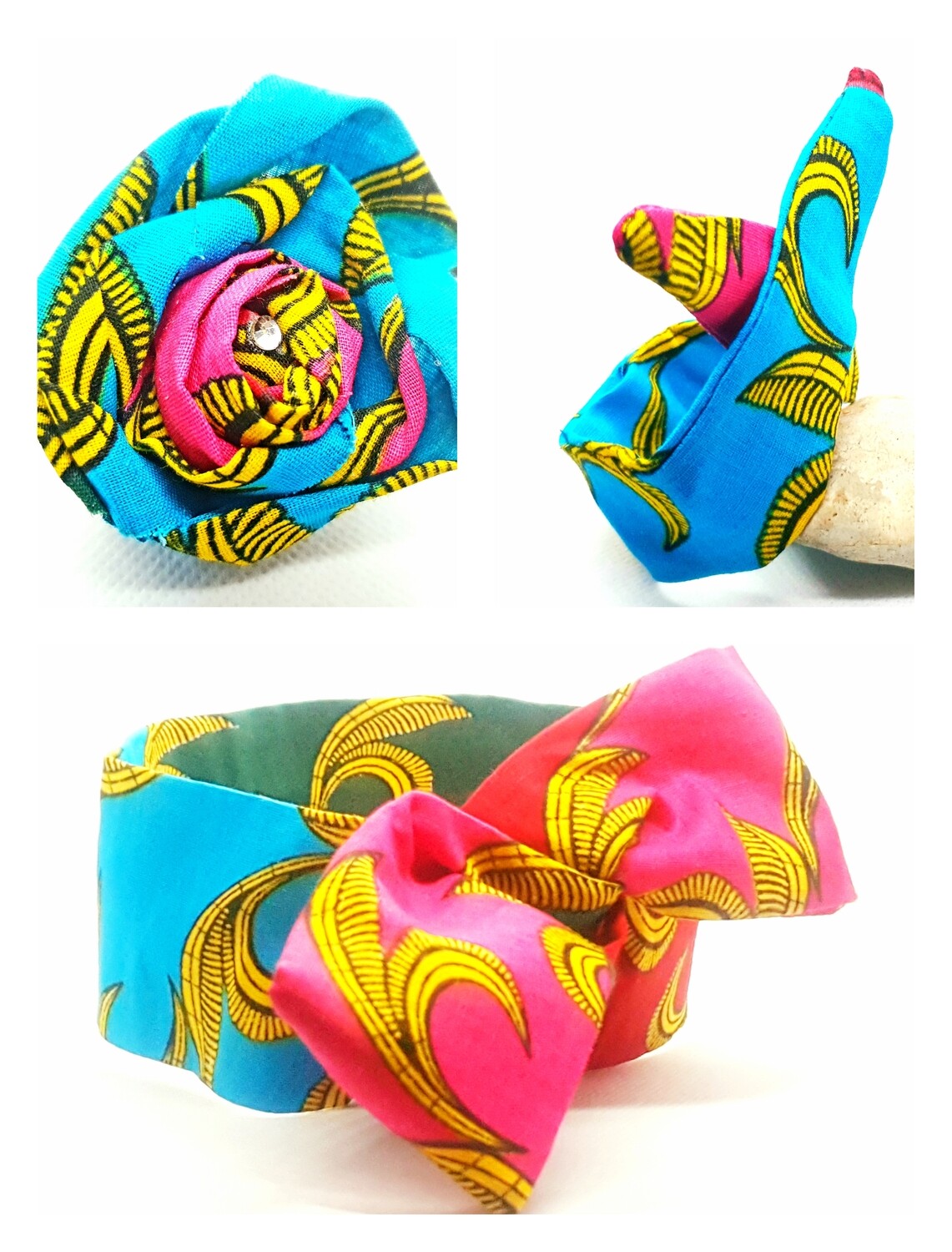 African print blue, pink and yellow hair accessory set includes wire hair tie, wire bun tie and flower brooch | hair clip