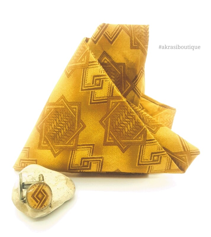 African print camel brown pocket square with bronze cufflinks | men&#39;s accessories | Ankara pocket square