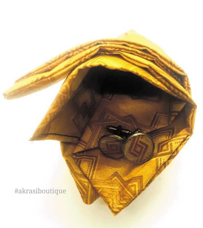 African print camel brown pocket square with bronze cufflinks | men's accessories | Ankara pocket square
