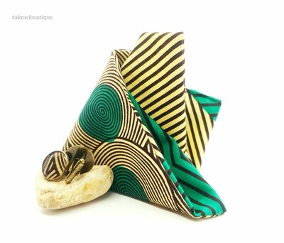 African print cream, green and brown pocket square with bronze cufflinks | men's accessories | Ankara pocket square