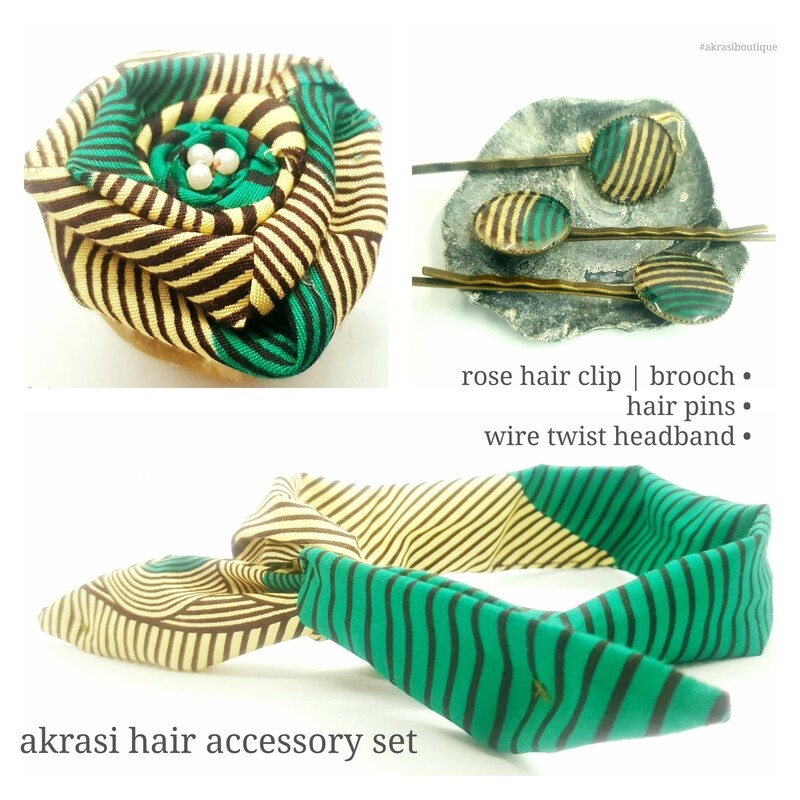 African print green, cream and brown hair accessory set includes wire hair tie, hair pins and flower brooch | hair clip