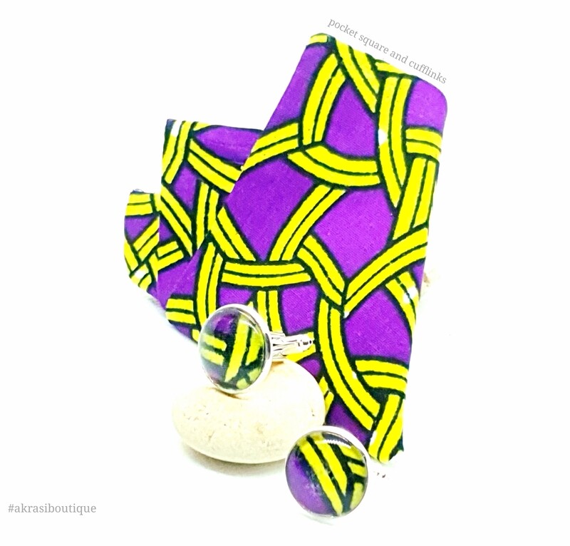 African print purple and yellow pocket square with cufflinks | men&#39;s accessories | Ankara pocket square