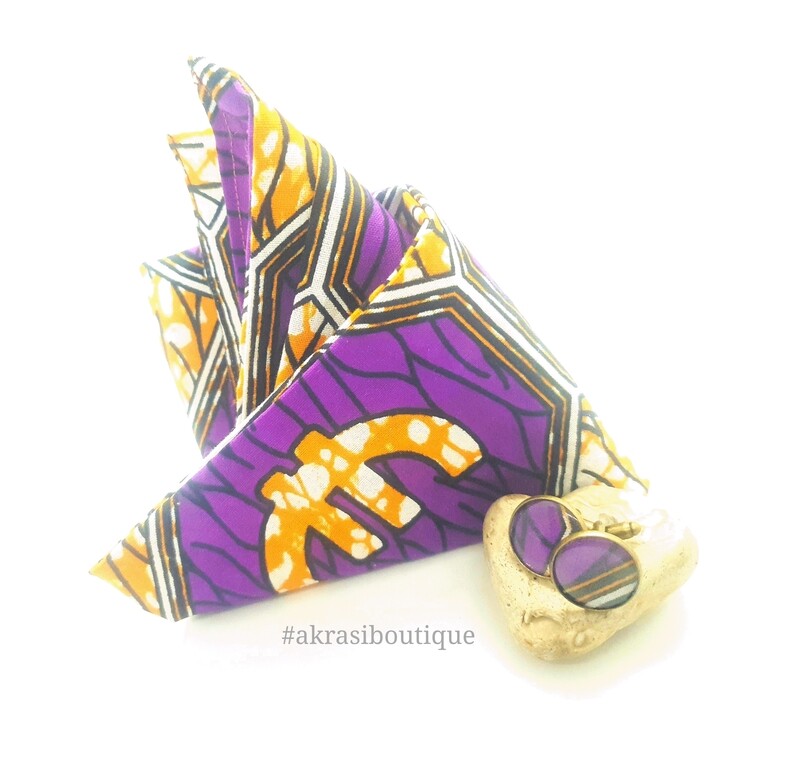 African print purple, orange and white pocket square with bronze cufflinks | men&#39;s accessories | Ankara pocket square