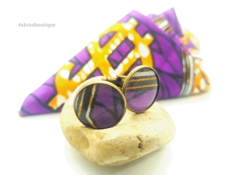 African print purple, orange and white pocket square with bronze cufflinks | men's accessories | Ankara pocket square