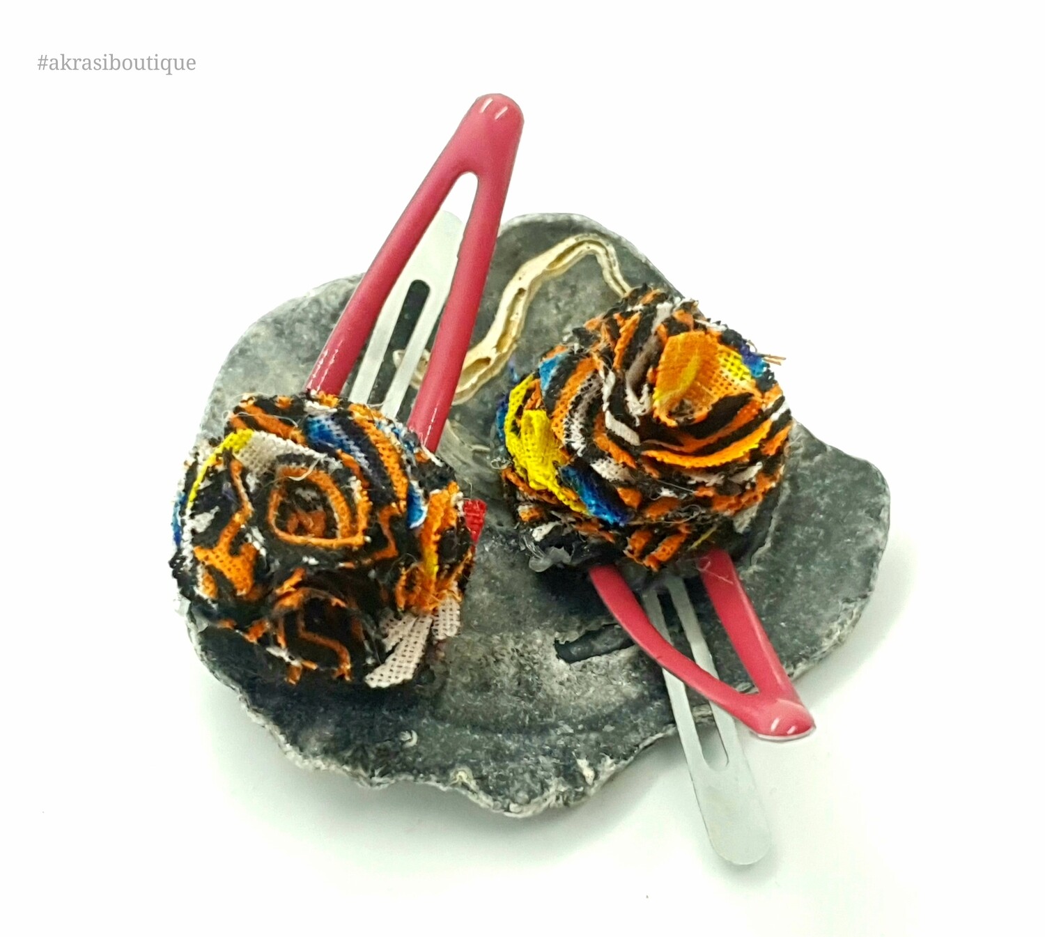 African wax dashiki print ruffle flower snap clips in hot pink | Ankara hair clip | hair accessories