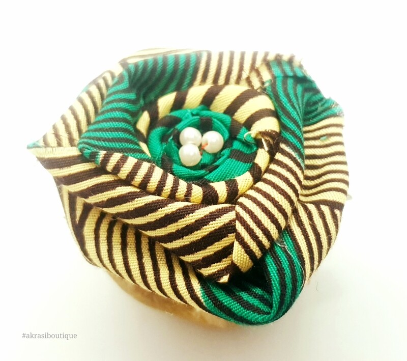 African wax green, cream and brown rose flower with pearl centre | flower pin | flower hair clip | flower brooch | clothing accessories
