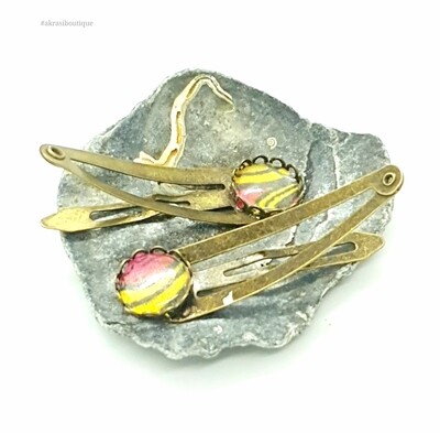 African wax pink and yellow detail snap clip in bronze | Ankara hair clip | hair accessories