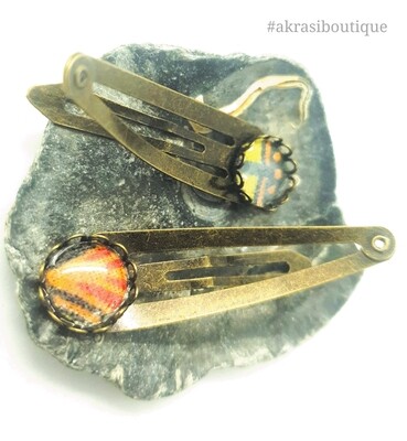 African wax print detail snap clip in dark silver | orange and yellow hair clip | hair accessories