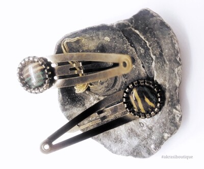 African wax print detail snap clip in dark silver | green, cream and brown hair clip | hair accessories
