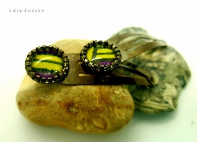 African wax print detail snap clip in dark silver | purple and yellow hair clip | hair accessories African wax print detail snap clip in dark silver | purple and yellow hair clip | hair accessories