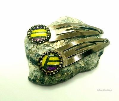 African wax print detail snap clip in dark silver | purple and yellow hair clip | hair accessories