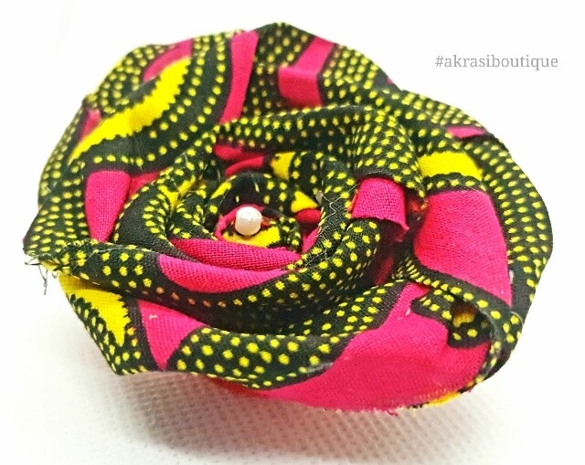 African wax red, black and yellow print rose flower with pearl centre | flower pin | flower hair clip | flower brooch | clothing accessories
