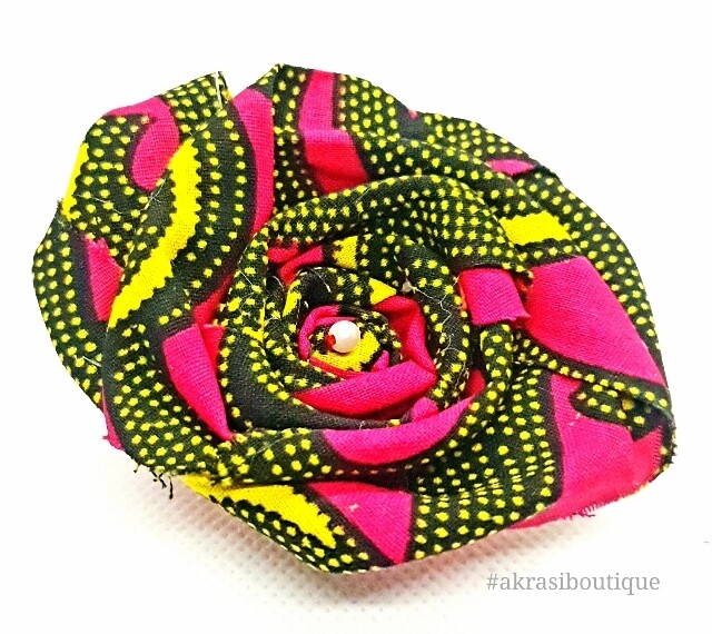 African wax red, black and yellow print rose flower with pearl centre | flower pin | flower hair clip | flower brooch | clothing accessories