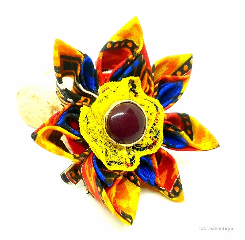 Dashiki print flower with lace &amp; gemstone vintage button centre | flower pin | flower hair clip | flower brooch | clothing accessories