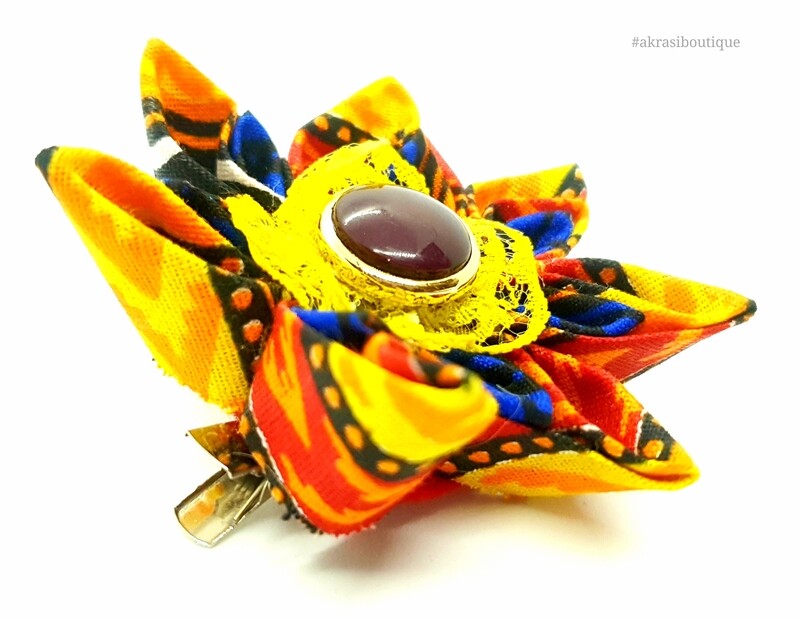 Dashiki print flower with lace &amp; gemstone vintage button centre | flower pin | flower hair clip | flower brooch | clothing accessories