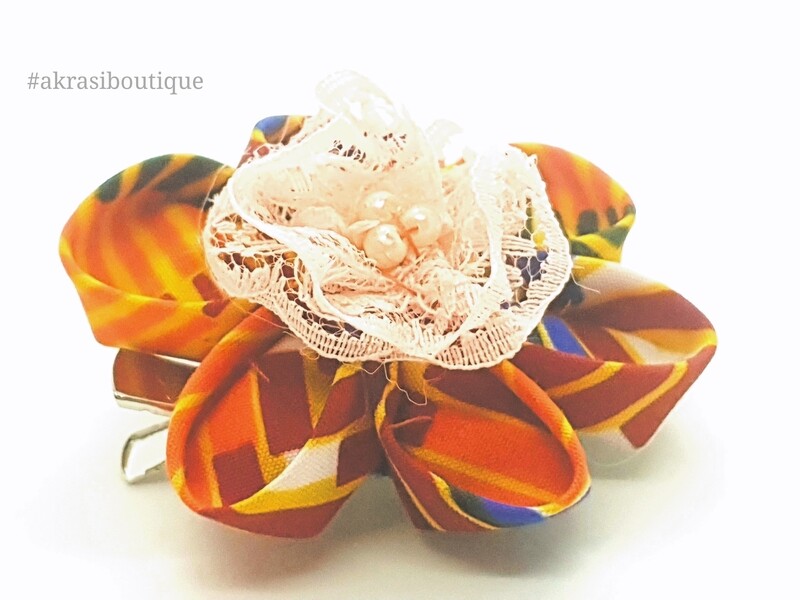 Kanzashi style kente print flower with pink lace &amp; pearl centre | flower pin | flower hair clip | flower brooch | clothing accessories