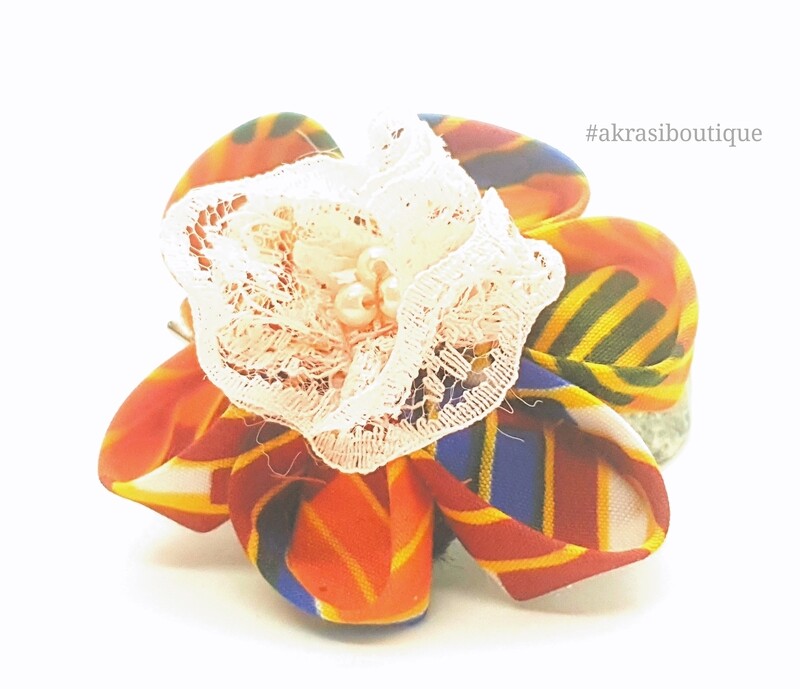 Kanzashi style kente print flower with pink lace &amp; pearl centre | flower pin | flower hair clip | flower brooch | clothing accessories