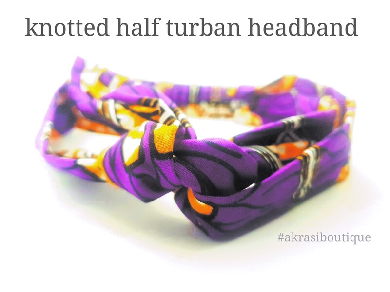 Handmade Ankara print in purple, cream and orange turban headband |African print headwrap | headtie |  headband | hair tie