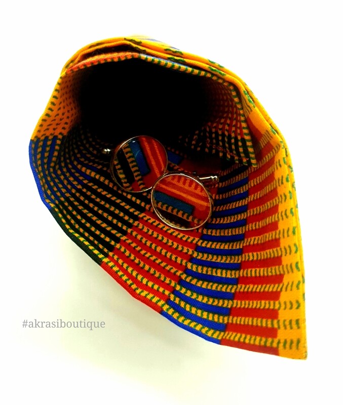 Kente African wax print pocket square with cufflinks | men's accessories | Ankara pocket square | African cufflinks