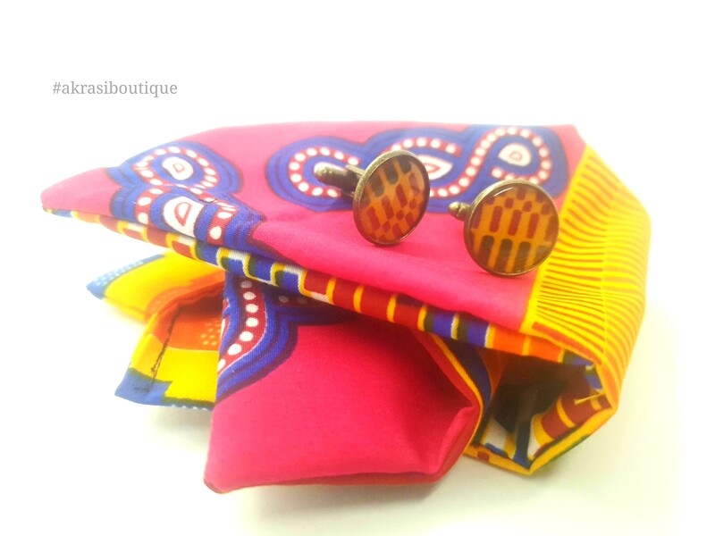 Kente African wax print pocket square with cufflinks | men's accessories | Ankara pocket square | African cufflinks