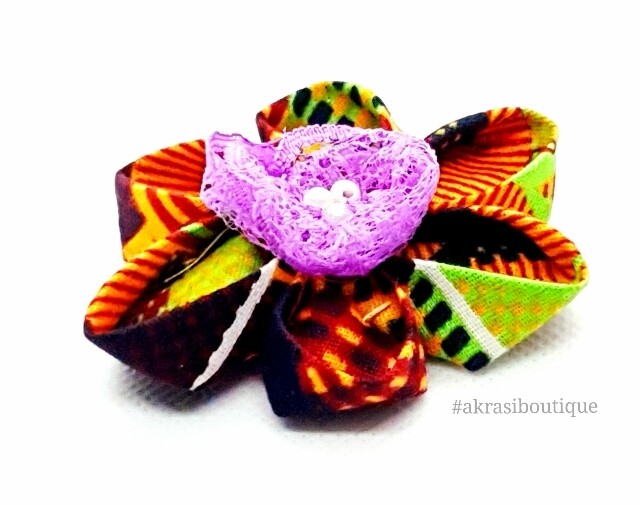 Kanzashi style kente print flower with lilac lace &amp; pearl centre | flower pin | flower hair clip | flower brooch | clothing accessories