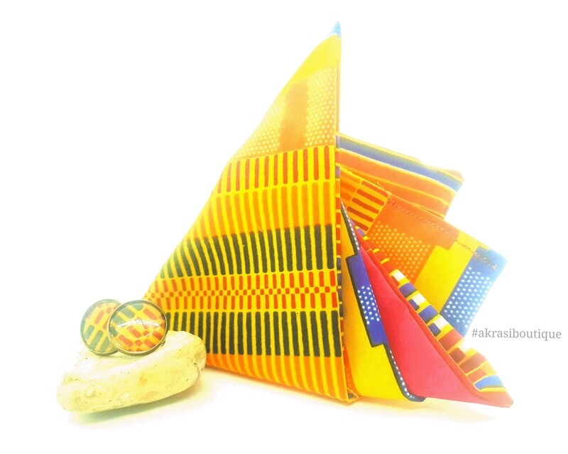 Kente African wax print pocket square with cufflinks | men&#39;s accessories | Ankara pocket square | African cufflinks