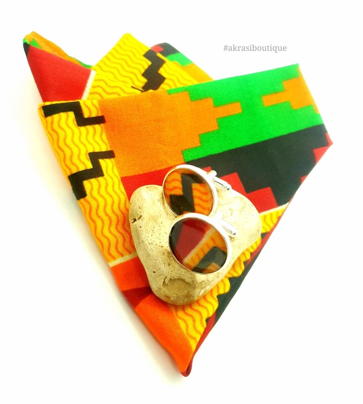 Kente African wax print pocket square with cufflinks | men's accessories | Ankara pocket square | African cufflinks