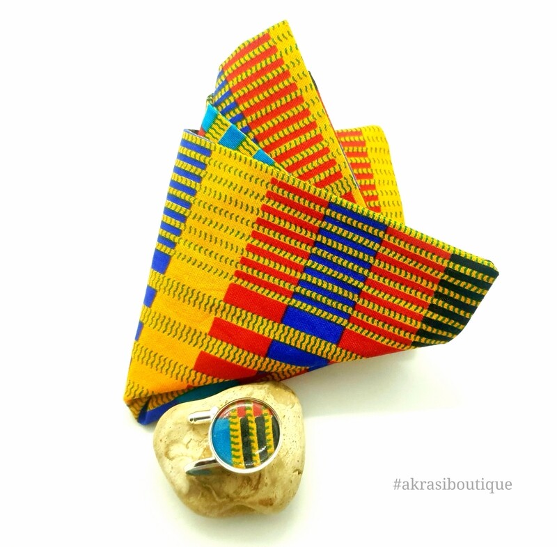 Kente African wax print pocket square with cufflinks | men's accessories | Ankara pocket square | African cufflinks
