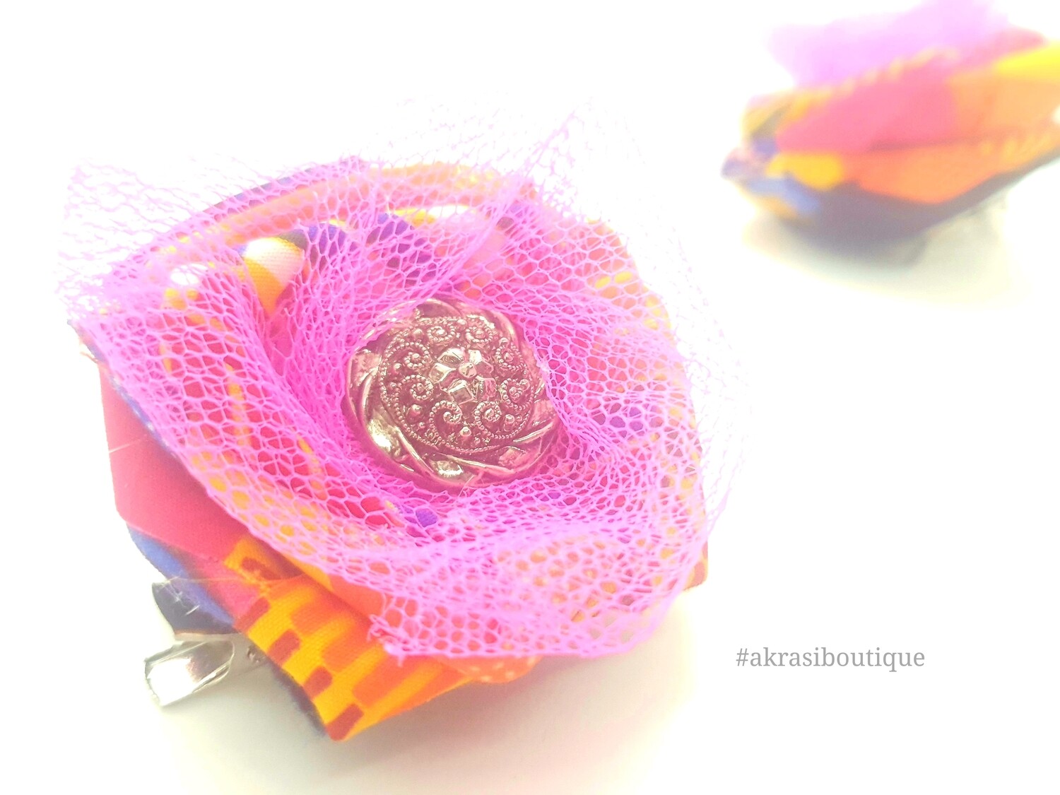 Kente fabric rose with vintage button centre | flower hair clip | flower brooch |