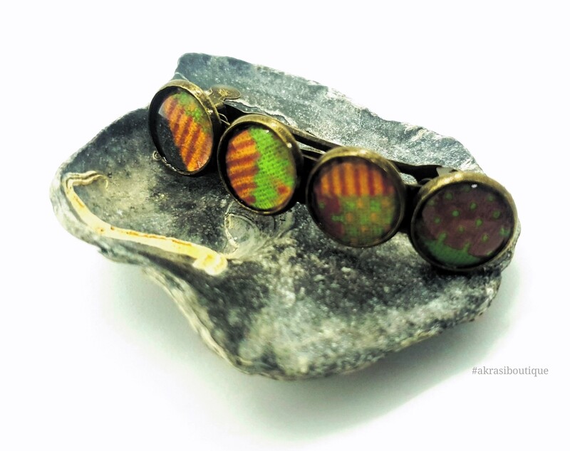 Kente green and red barrette hair clip in bronze